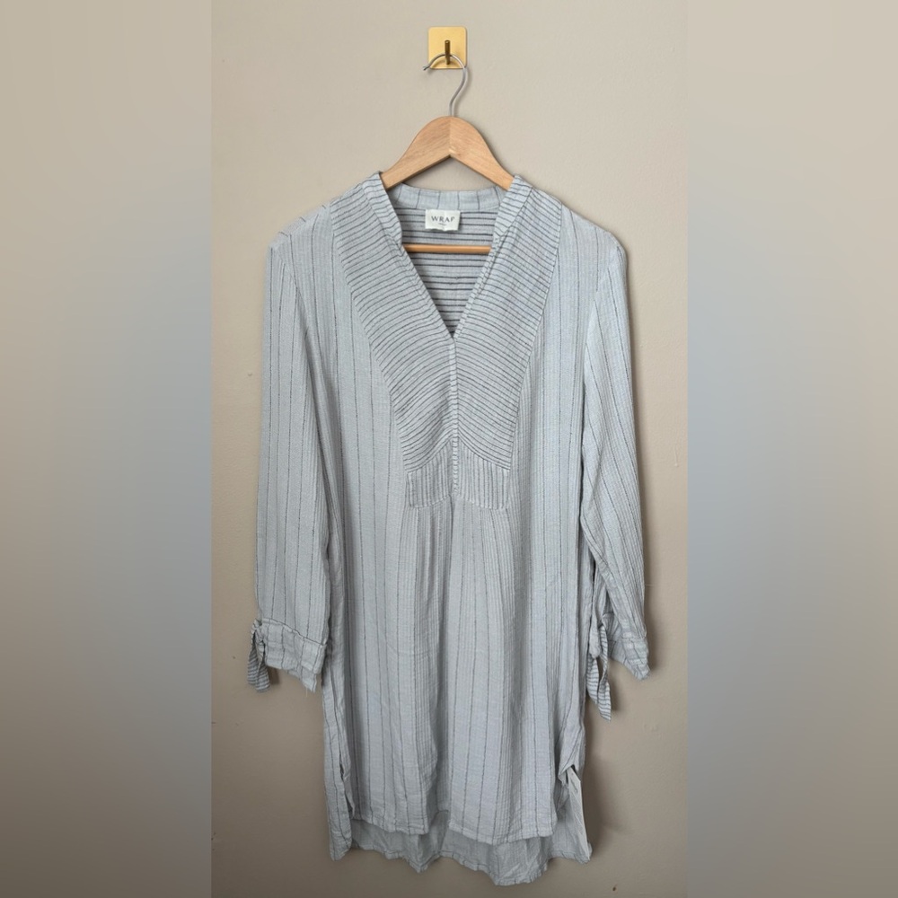 NWT Size‎ 10 Wrap London Light Blue Gray Striped Oversized Cotton Blend Dress